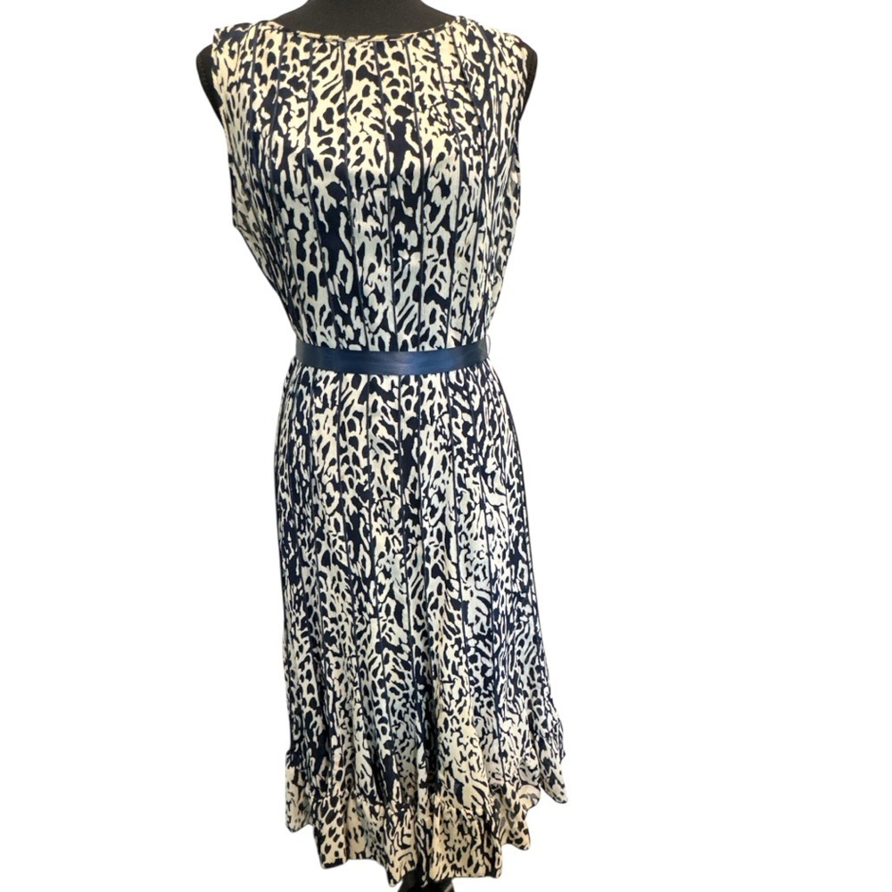 Sandra Darren Blue & Cream Belted Ruffle Hem Sleeveless Midi Dress Sz 6